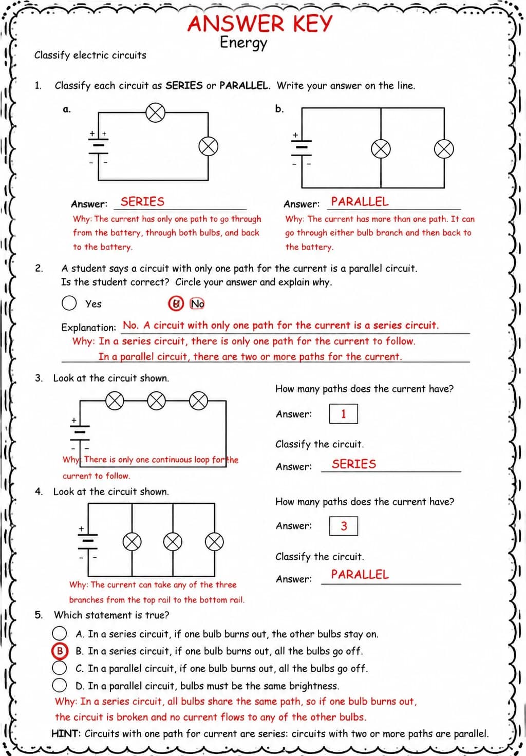 Answer key for Classify electric circuits — free printable Science worksheet