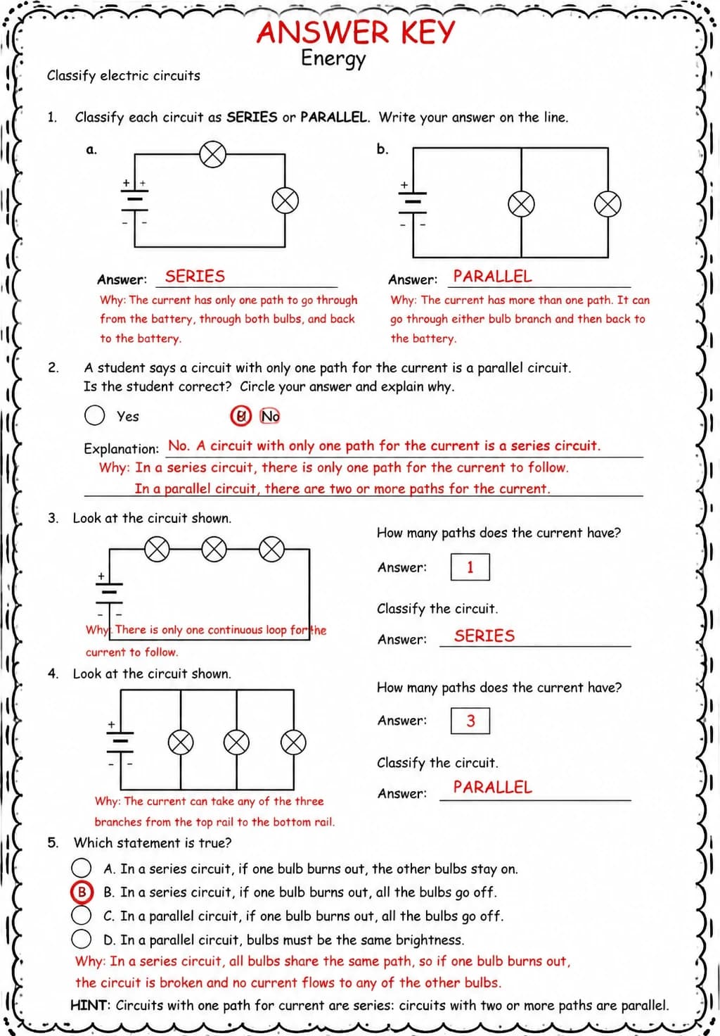 Answer key for Classify electric circuits — free printable Science worksheet