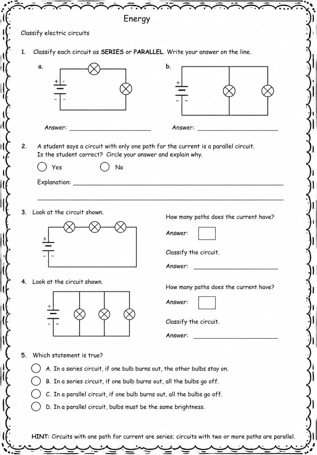 Classify electric circuits — free printable Grade 5 Science worksheet
