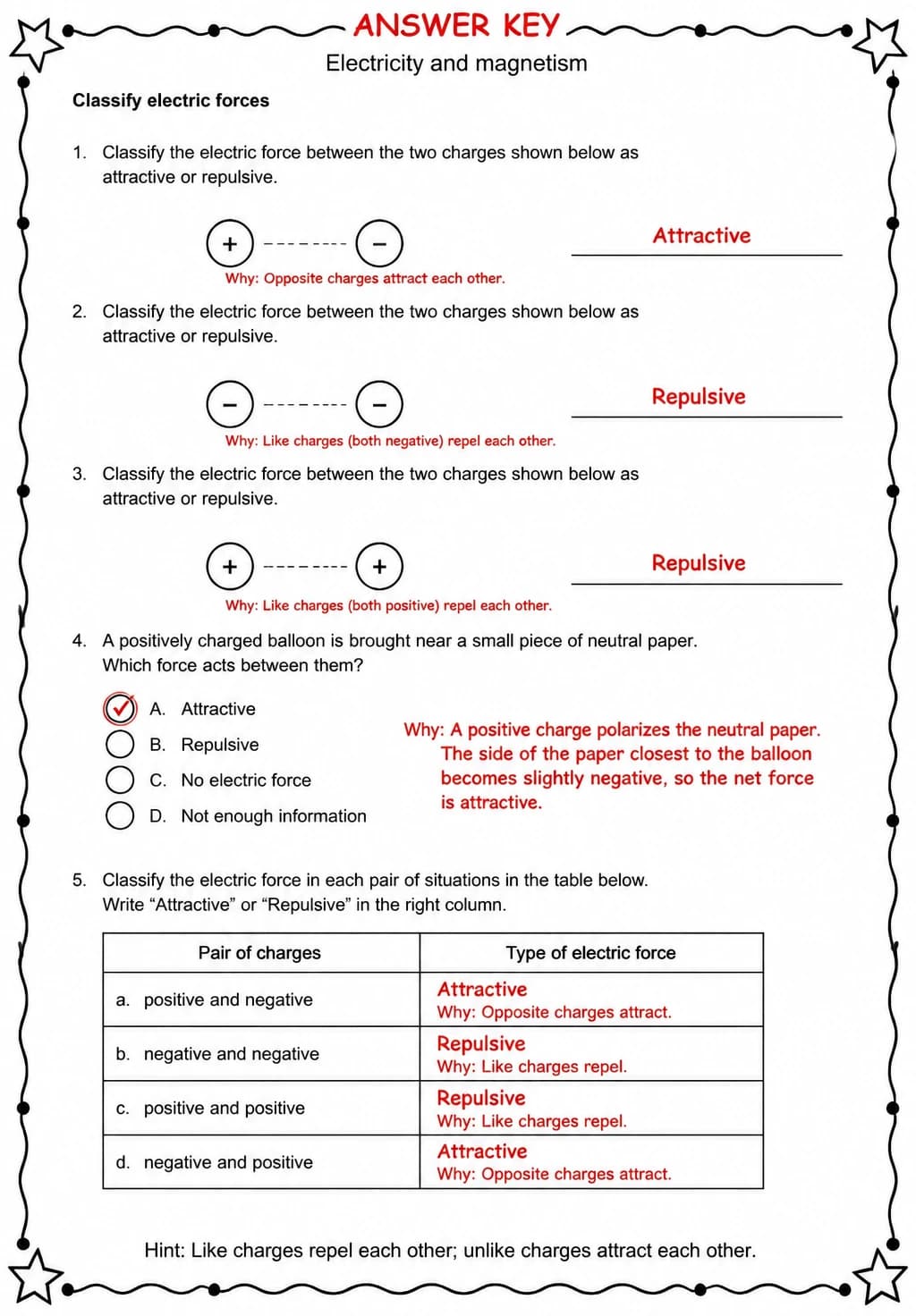 Answer key for Classify electric forces — free printable Science worksheet