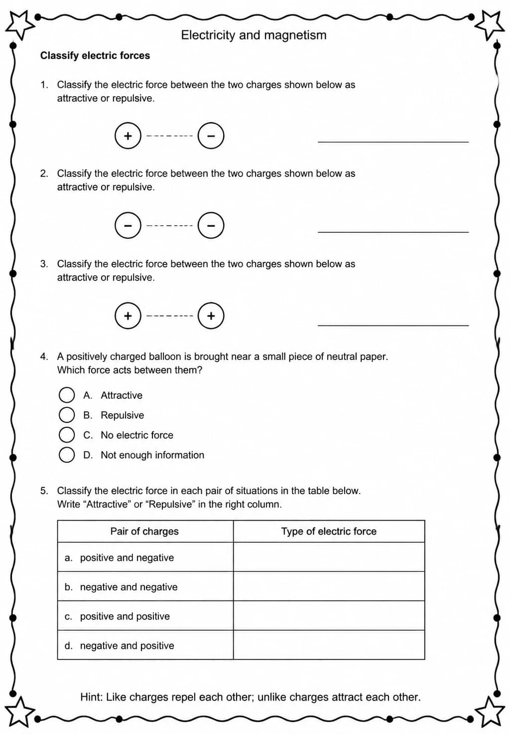 Classify electric forces — free printable Middle School Science worksheet
