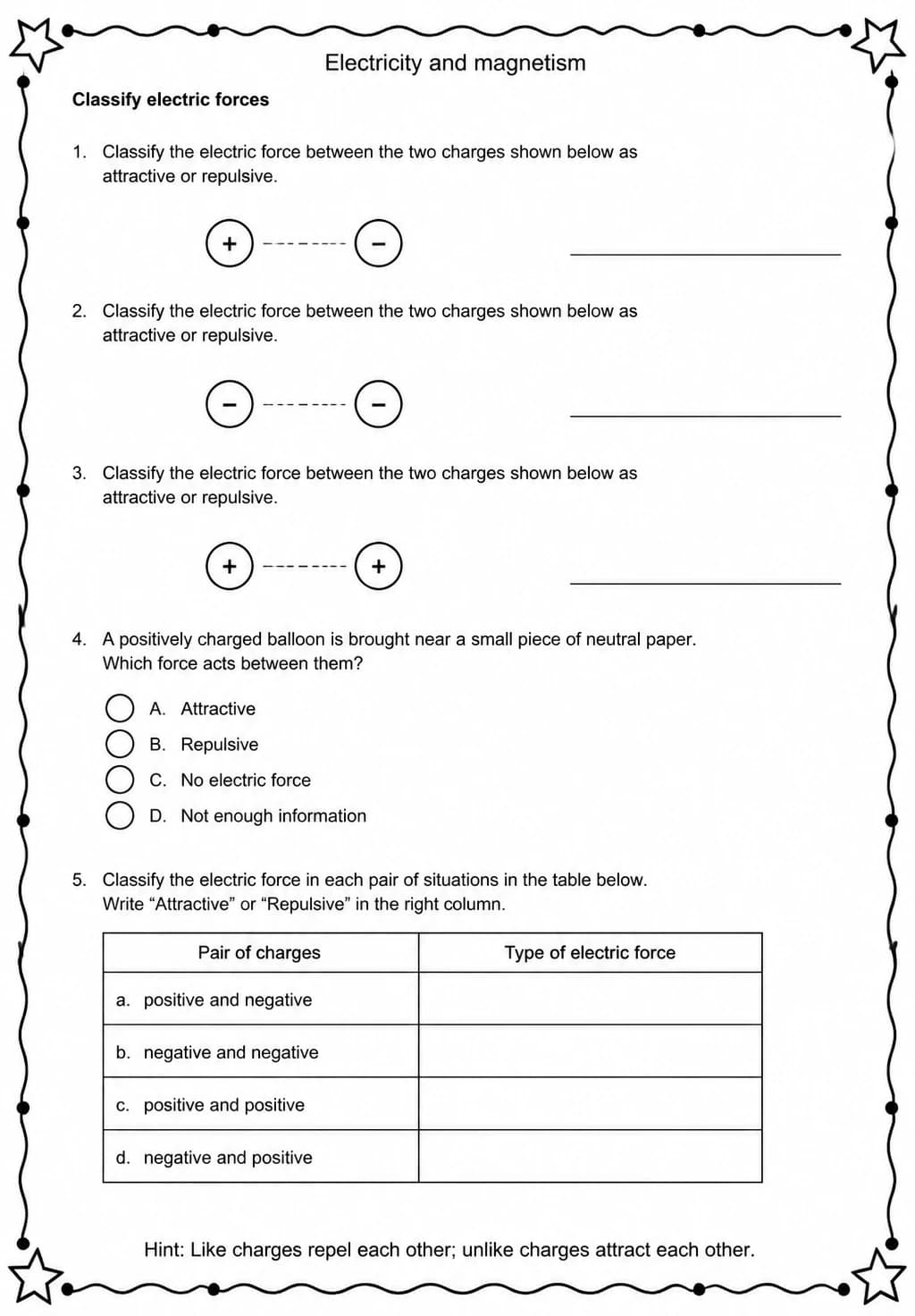 Classify electric forces — free printable Middle School Science worksheet