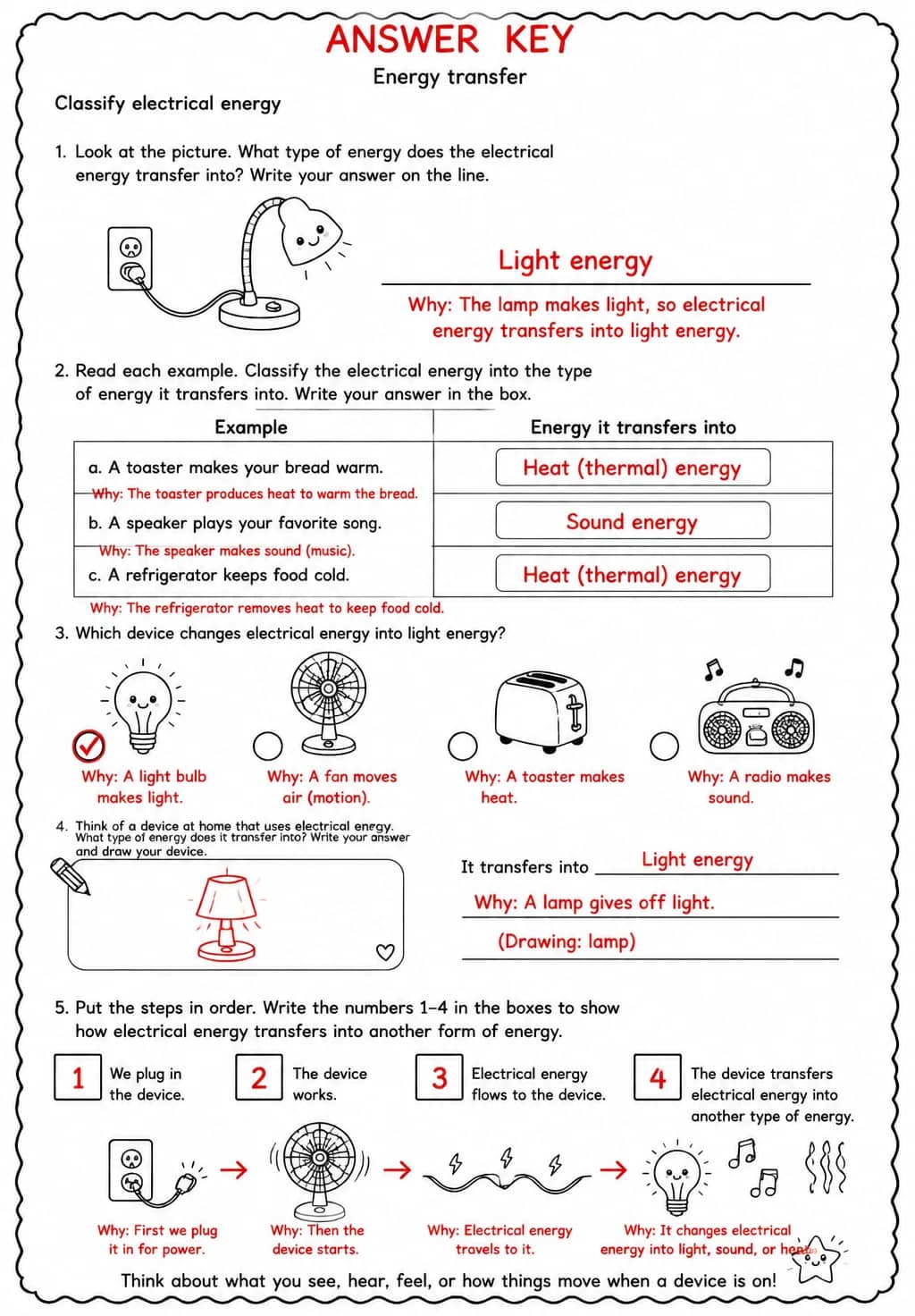 Answer key for Classify electrical energy — free printable Science worksheet