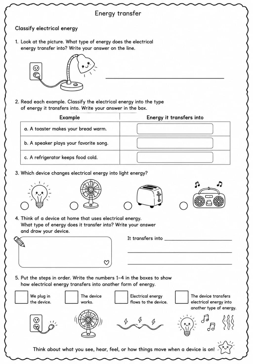 Classify electrical energy — free printable Grade 4 Science worksheet