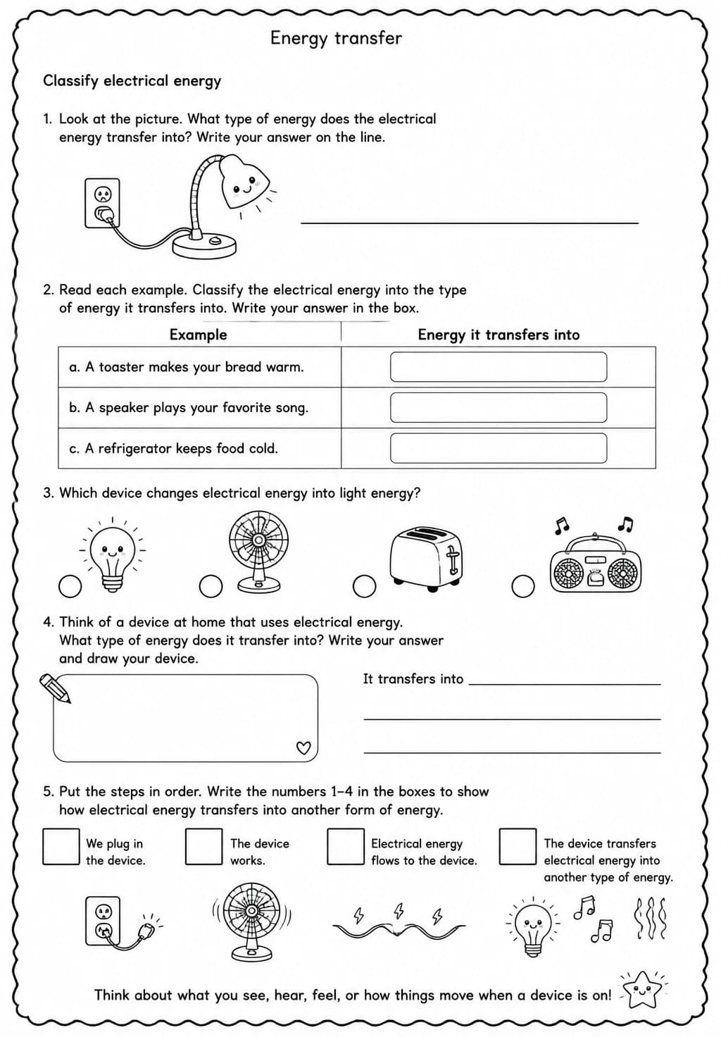 Classify electrical energy — free printable Grade 4 Science worksheet