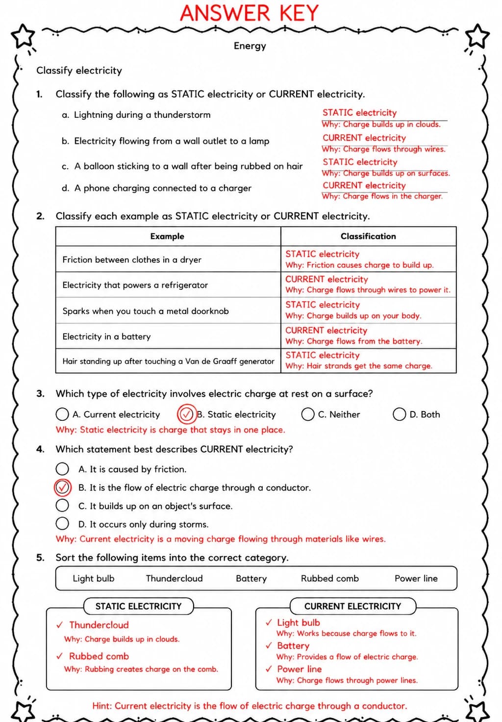 Answer key for Classify electricity — free printable Science worksheet