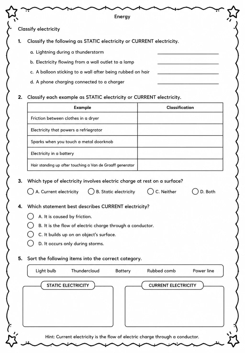 Classify electricity — free printable Middle School Science worksheet