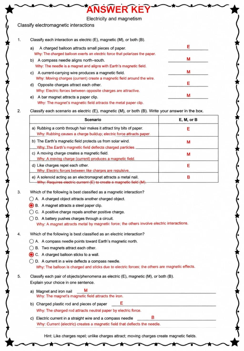 Answer key for Classify electromagnetic interactions — free printable Science worksheet
