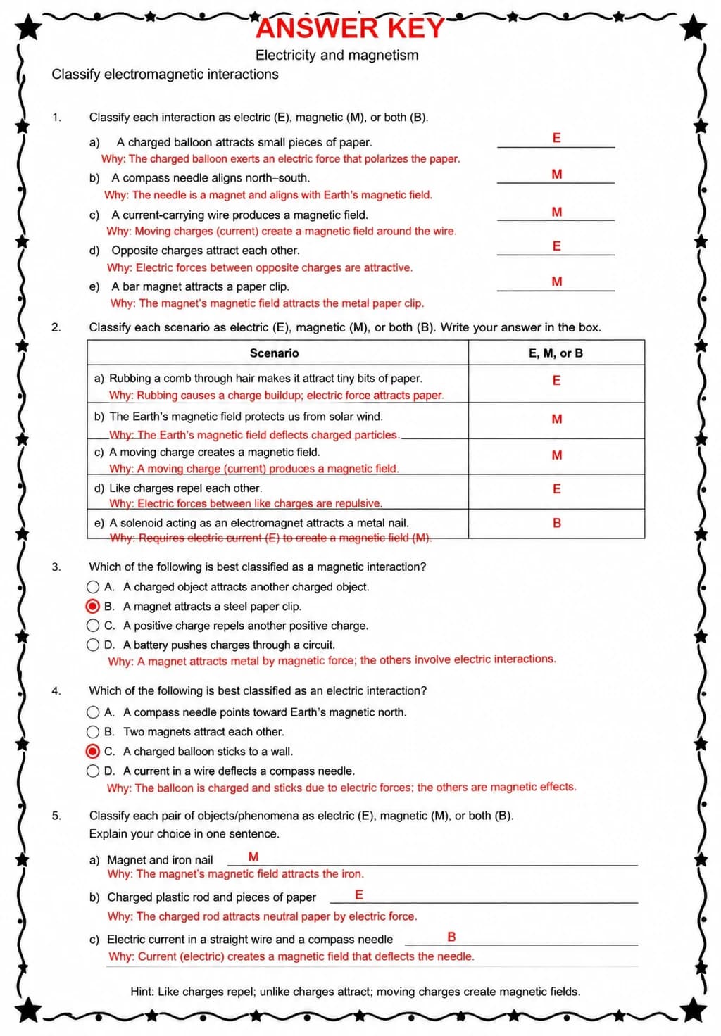 Answer key for Classify electromagnetic interactions — free printable Science worksheet