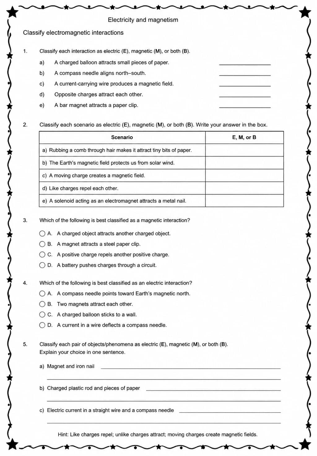 Classify electromagnetic interactions — free printable Middle School Science worksheet