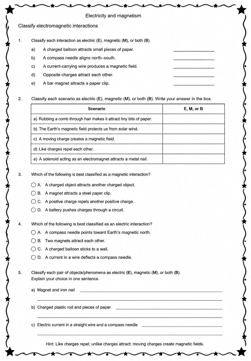Classify electromagnetic interactions — free printable Middle School Science worksheet