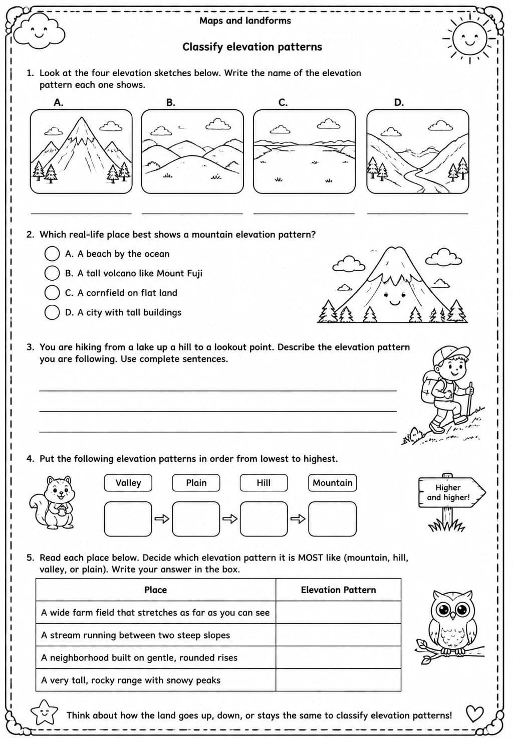 Classify elevation patterns — free printable Grade 4 Science worksheet