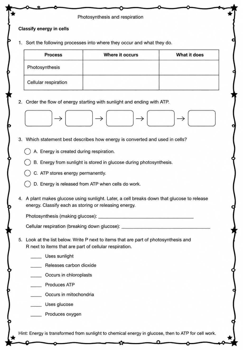 Classify energy in cells — free printable Middle School Science worksheet