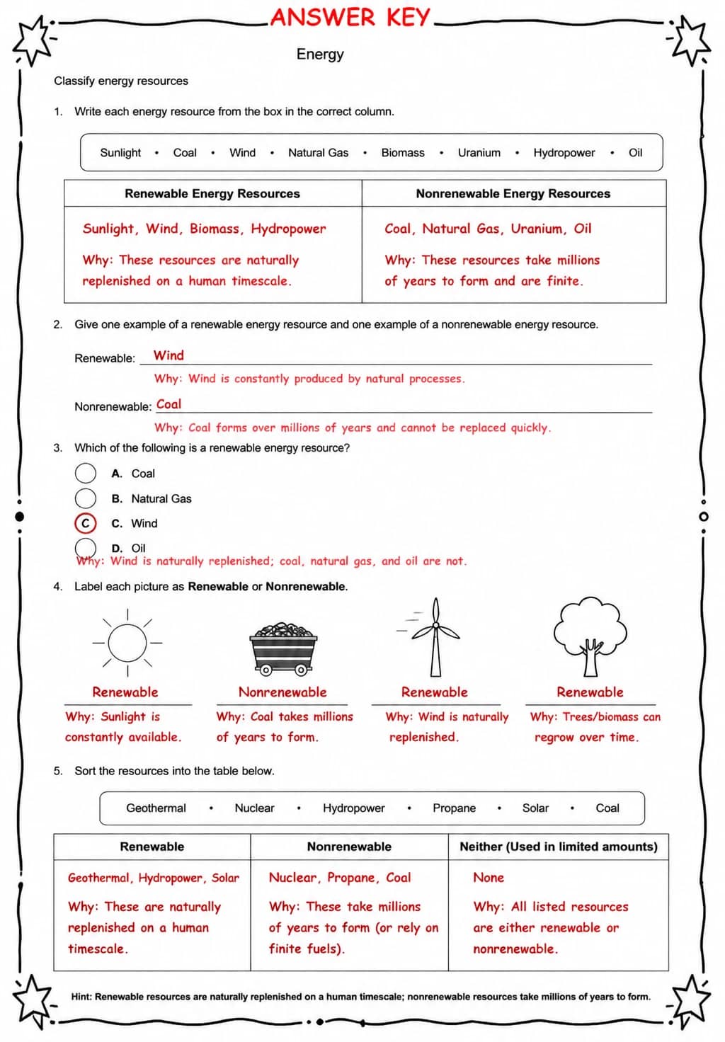 Answer key for Classify energy resources — free printable Science worksheet