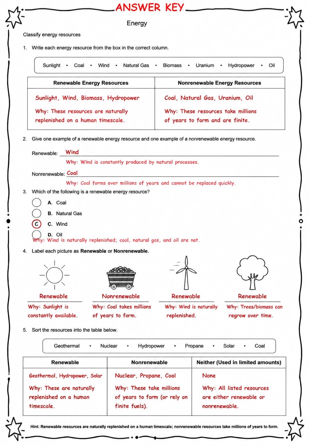 Answer key for Classify energy resources — free printable Science worksheet