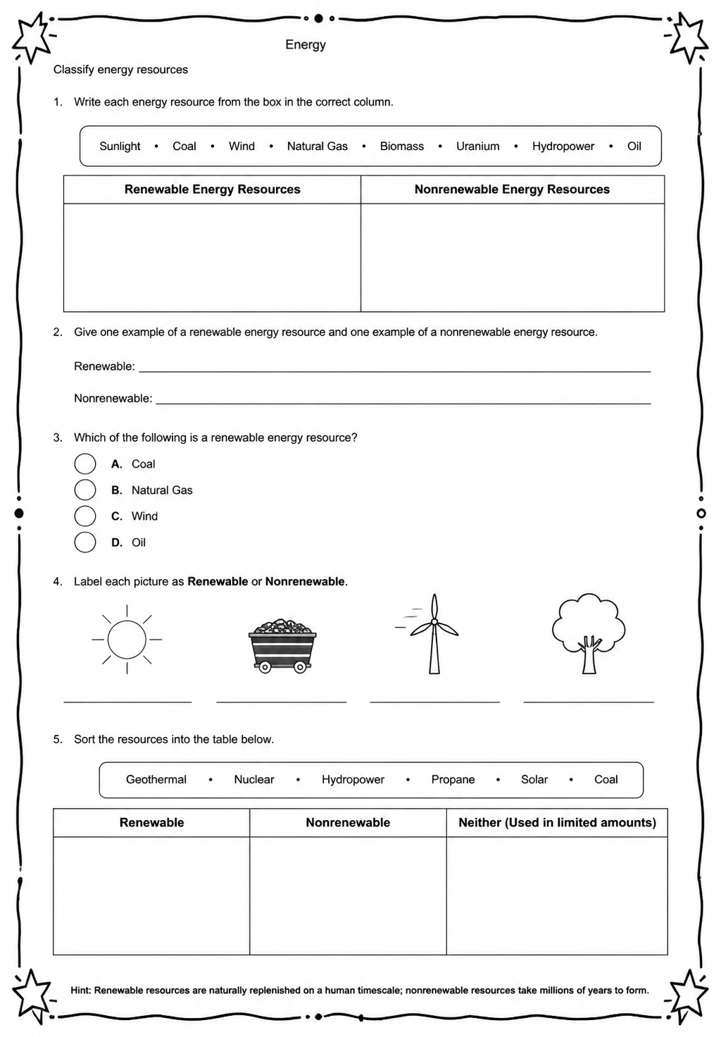 Classify energy resources — free printable Middle School Science worksheet