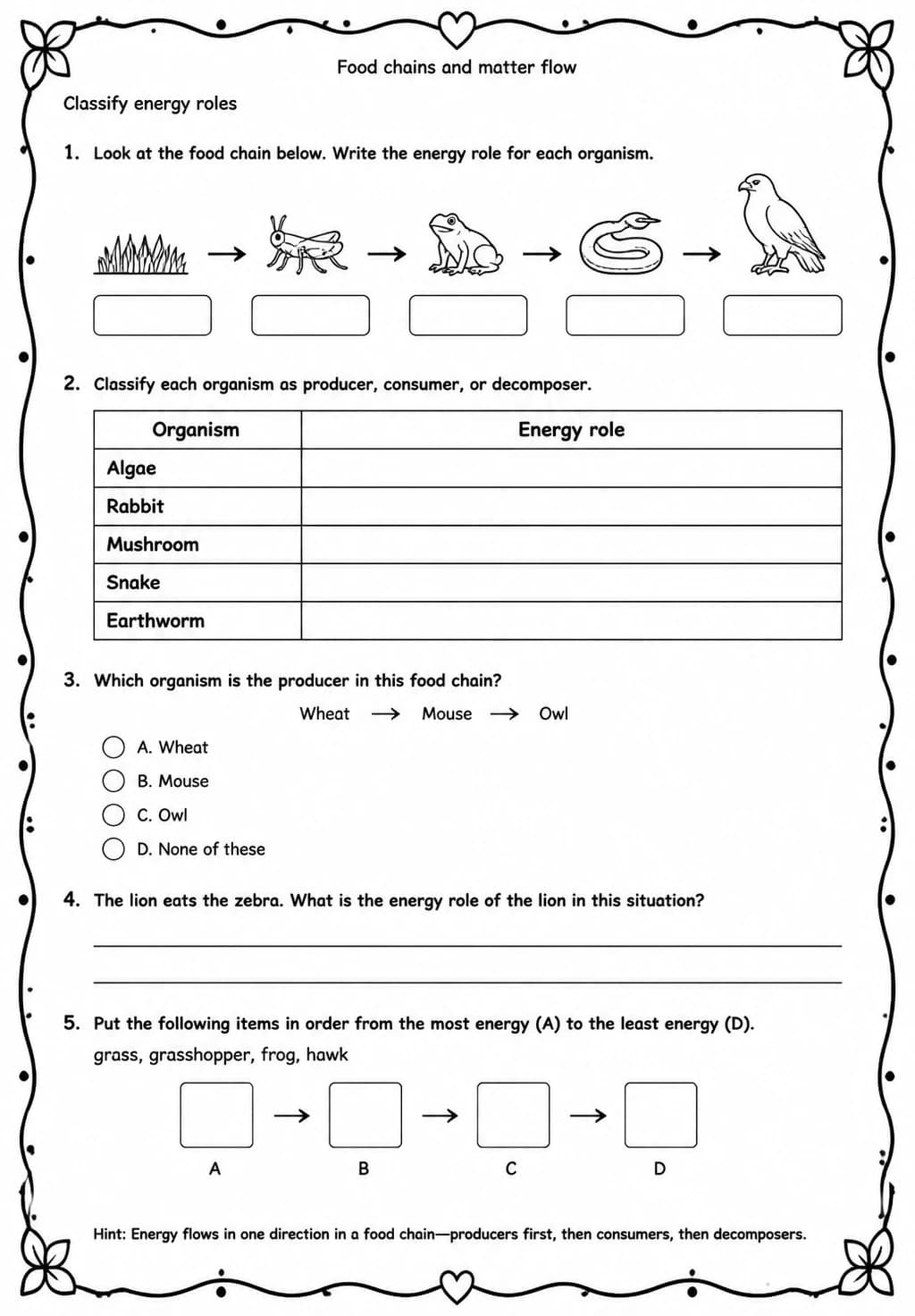 Classify energy roles — free printable Grade 5 Science worksheet