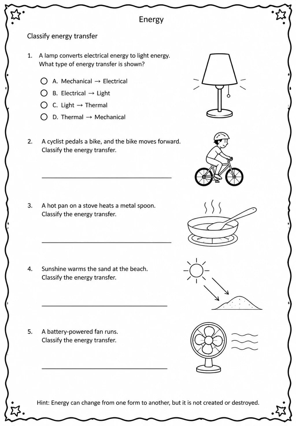 Classify energy transfer — free printable Grade 5 Science worksheet