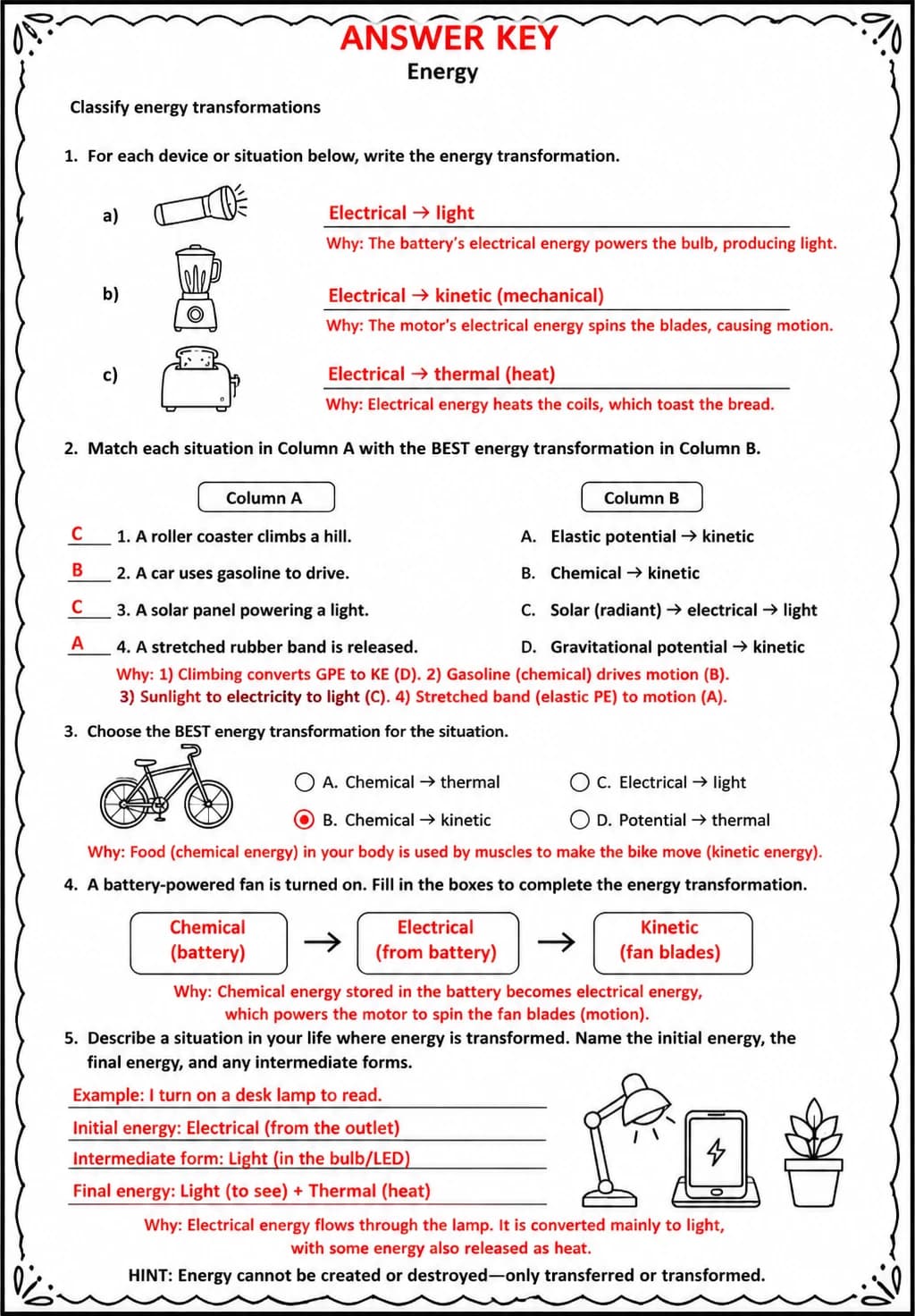 Answer key for Classify energy transformations — free printable Science worksheet