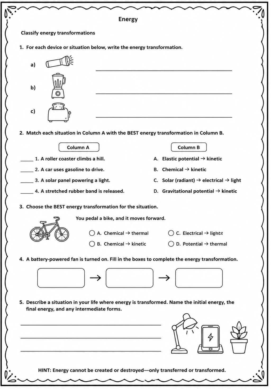 Classify energy transformations — free printable Middle School Science worksheet