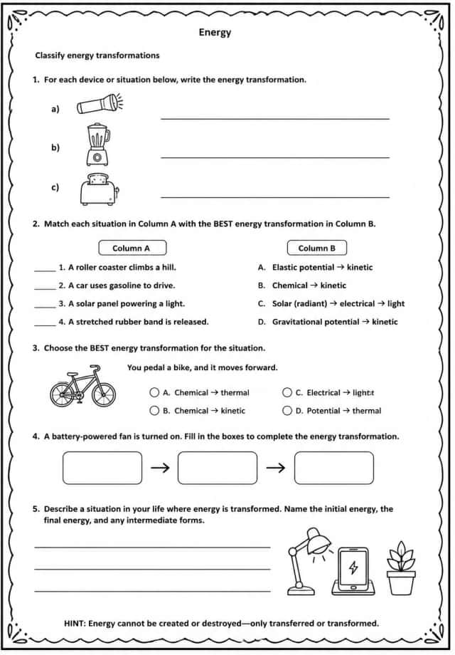 Classify energy transformations
