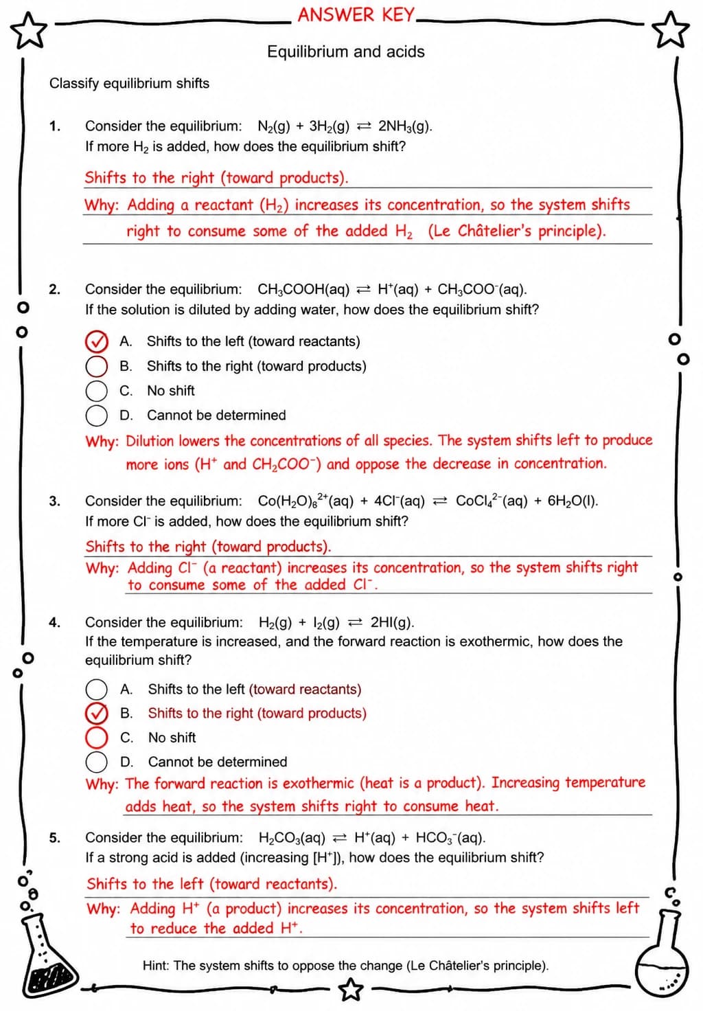 Answer key for Classify equilibrium shifts — free printable Science worksheet