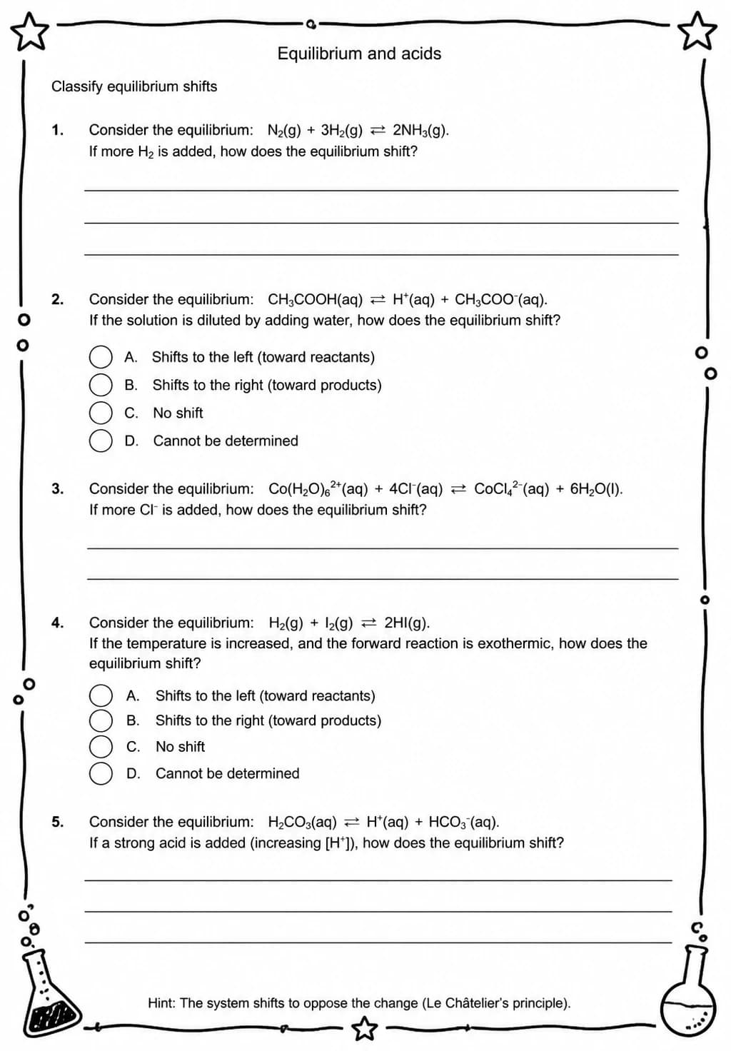 Classify equilibrium shifts — free printable High School Science worksheet
