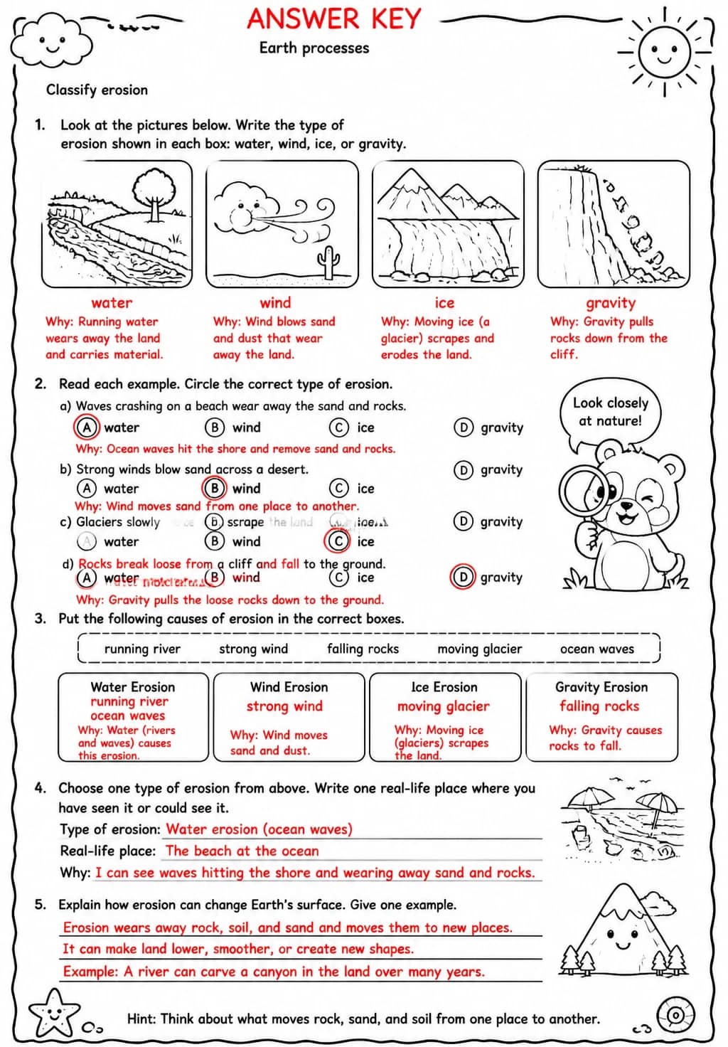 Answer key for Classify erosion — free printable Science worksheet