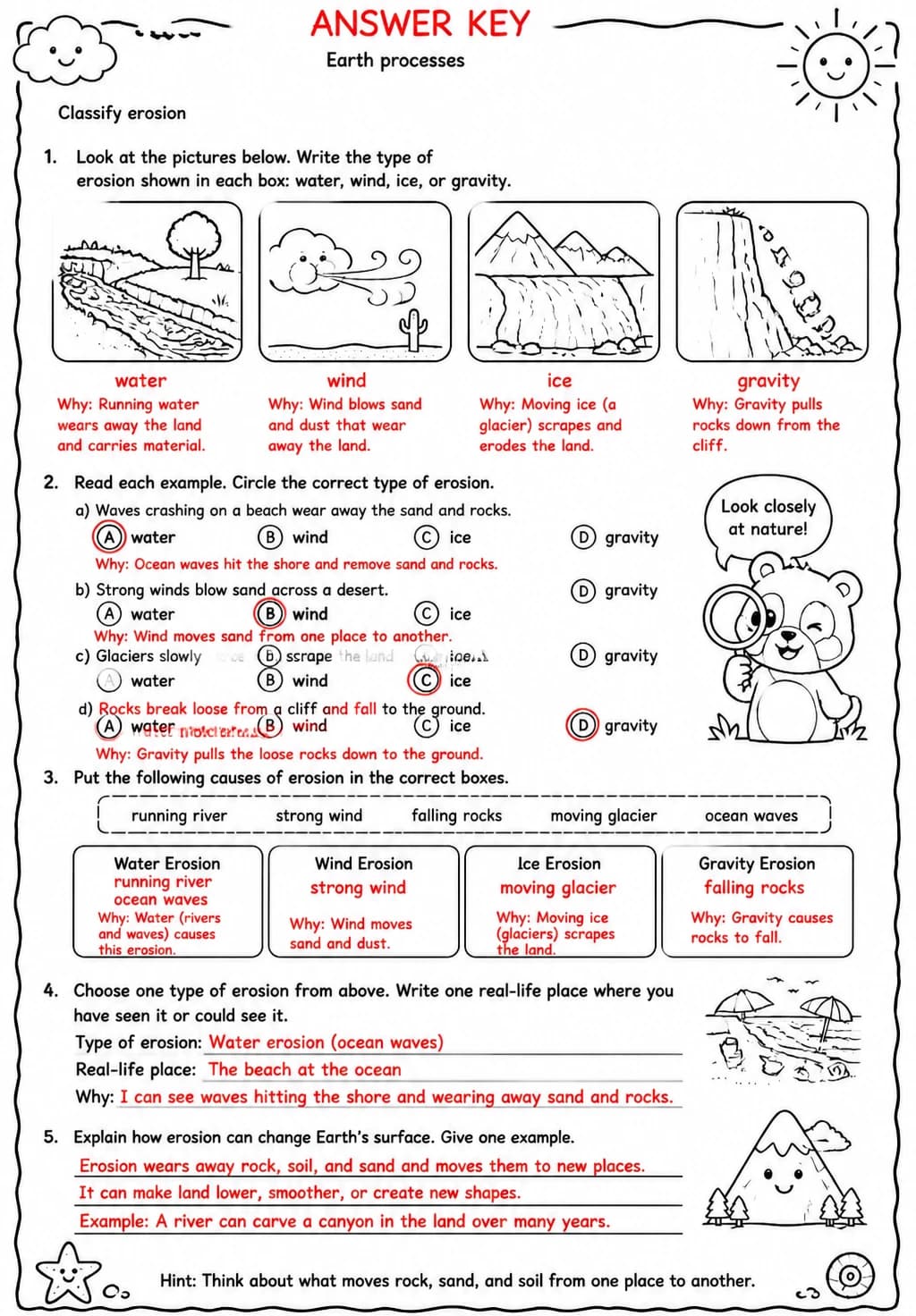 Answer key for Classify erosion — free printable Science worksheet