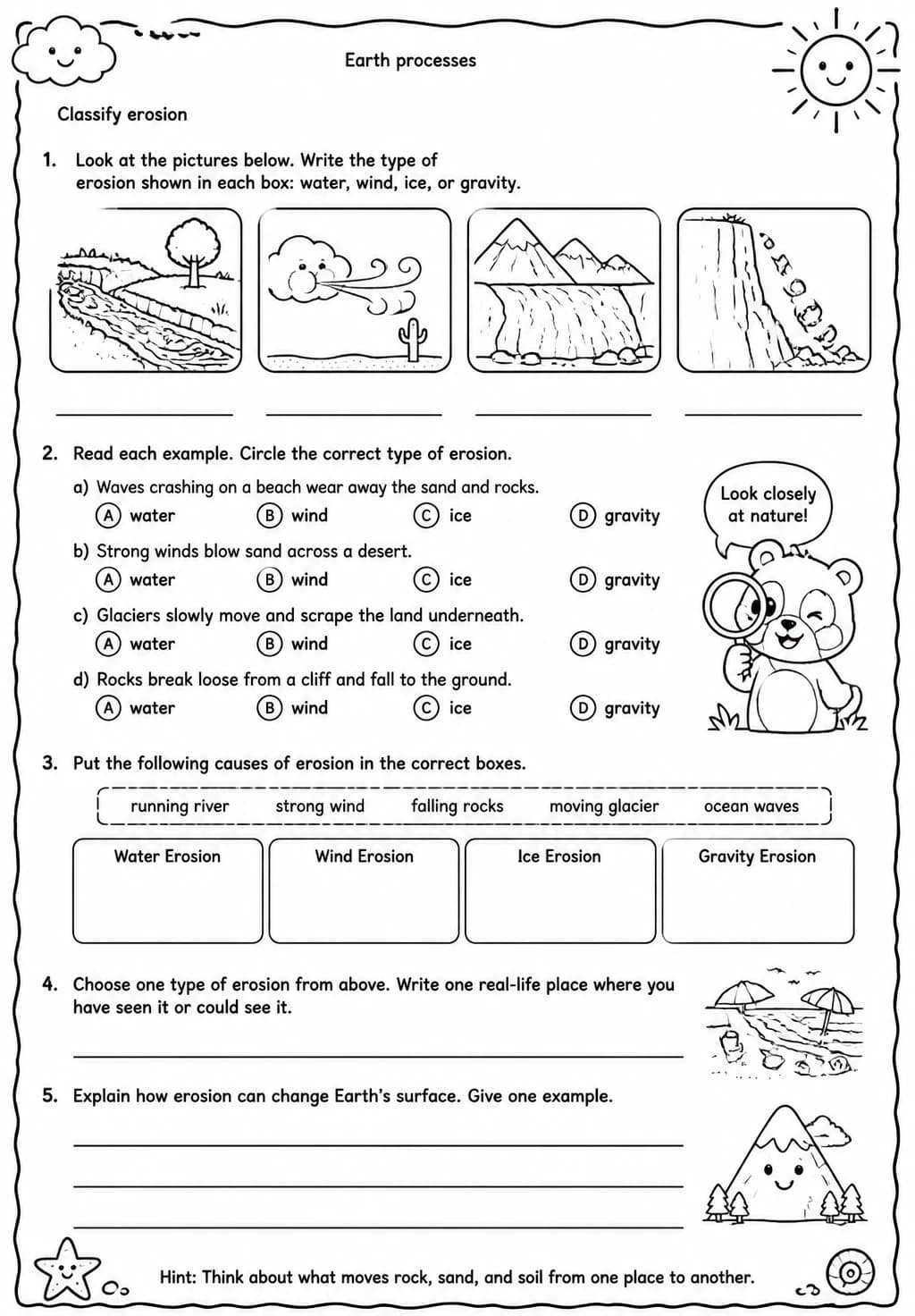Classify erosion — free printable Grade 4 Science worksheet