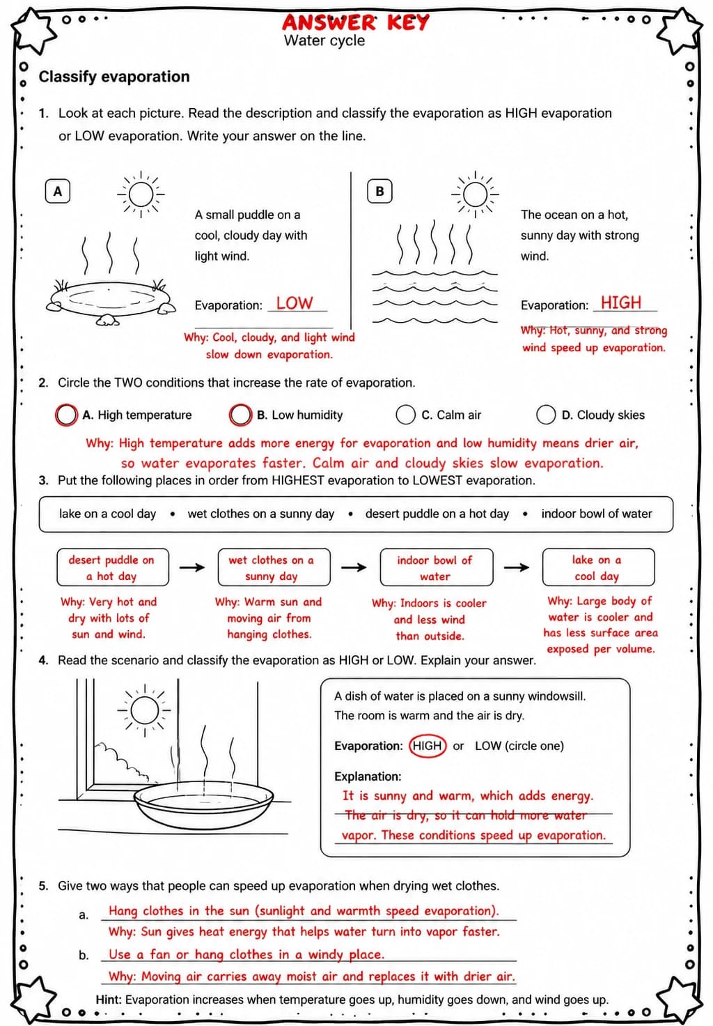 Answer key for Classify evaporation — free printable Science worksheet