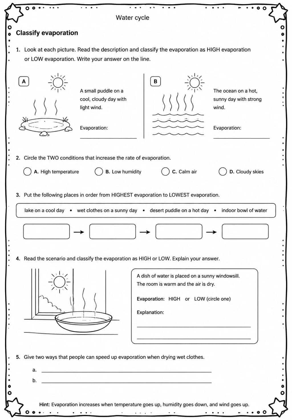 Classify evaporation — free printable Grade 5 Science worksheet