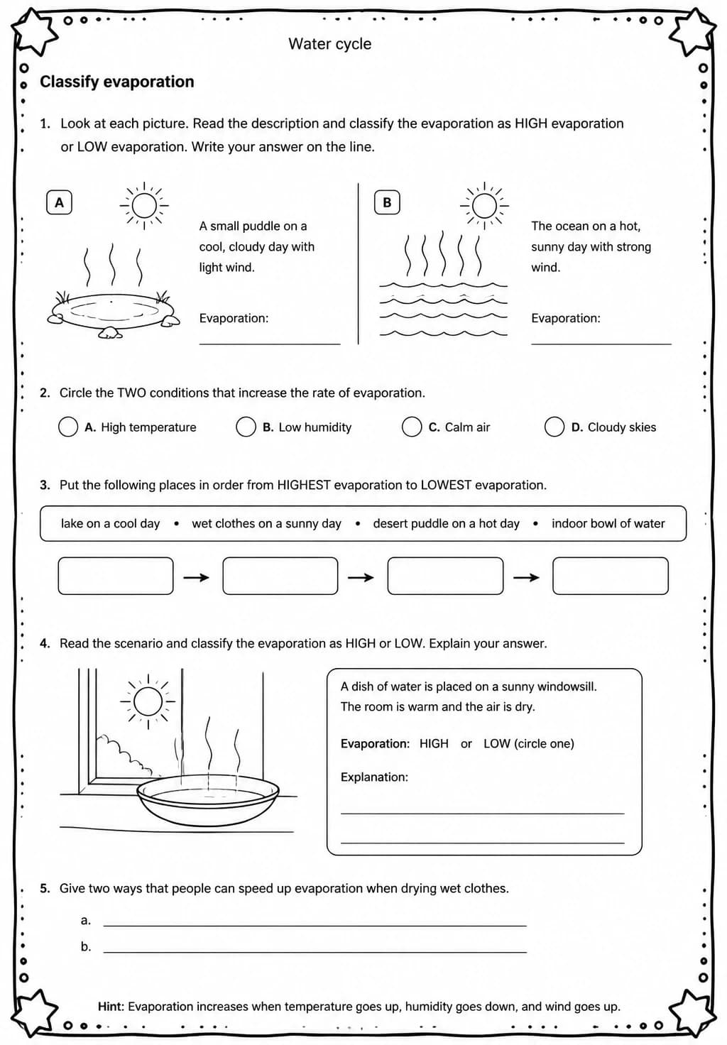 Classify evaporation — free printable Grade 5 Science worksheet