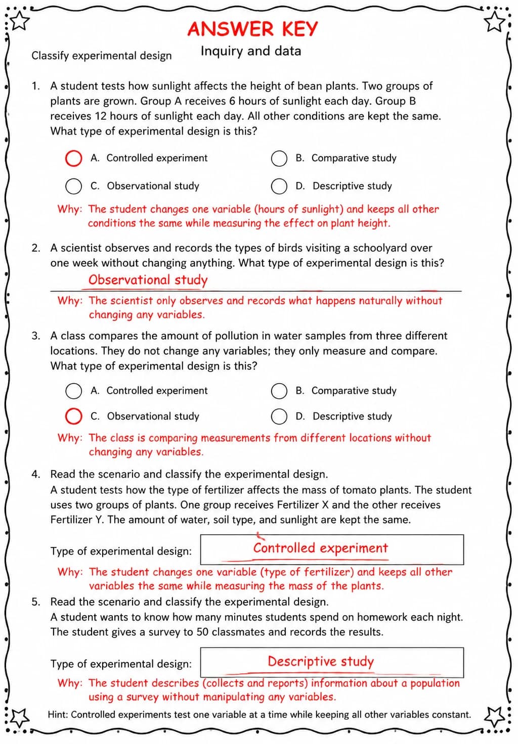 Answer key for Classify experimental design — free printable Science worksheet