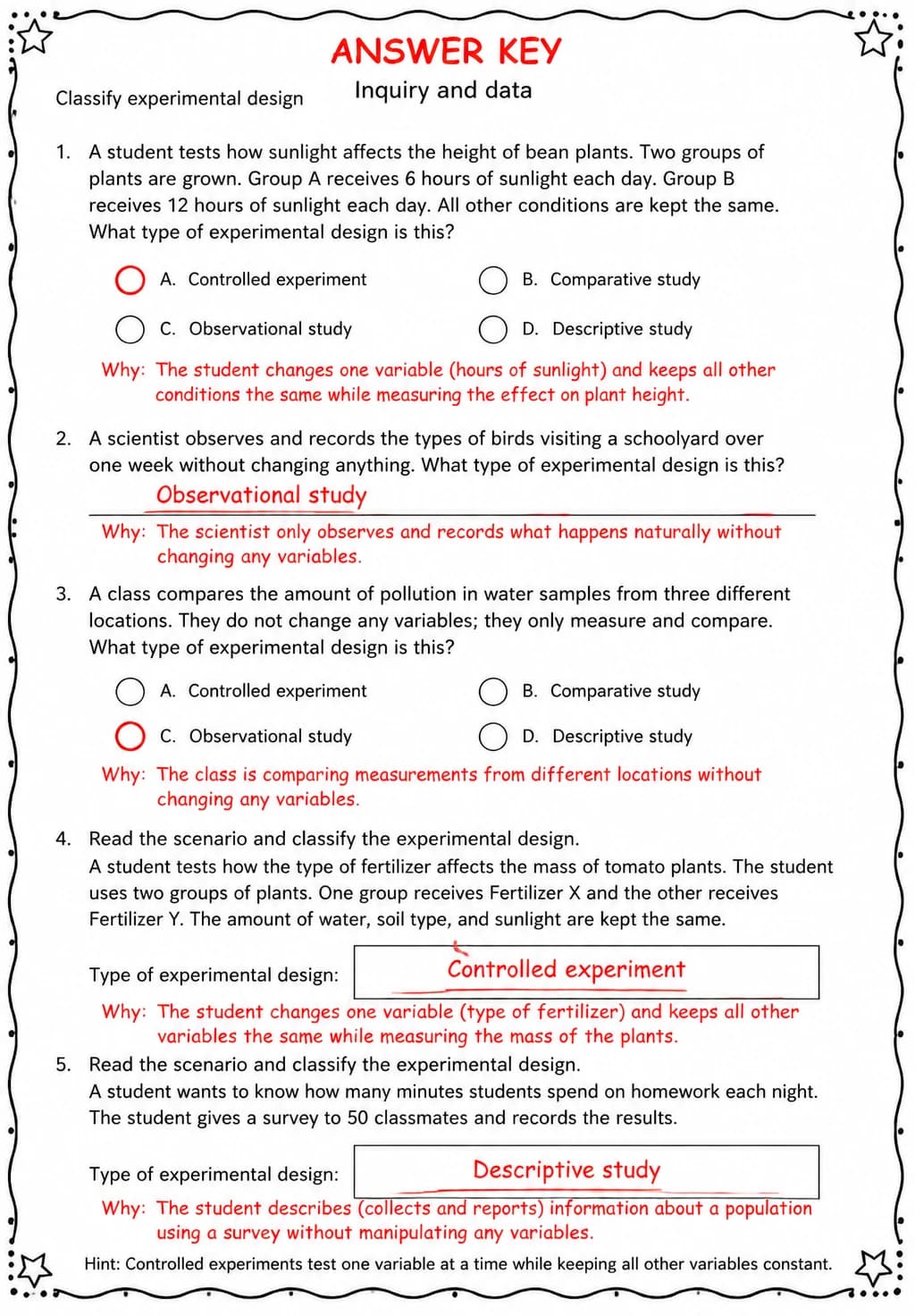 Answer key for Classify experimental design — free printable Science worksheet