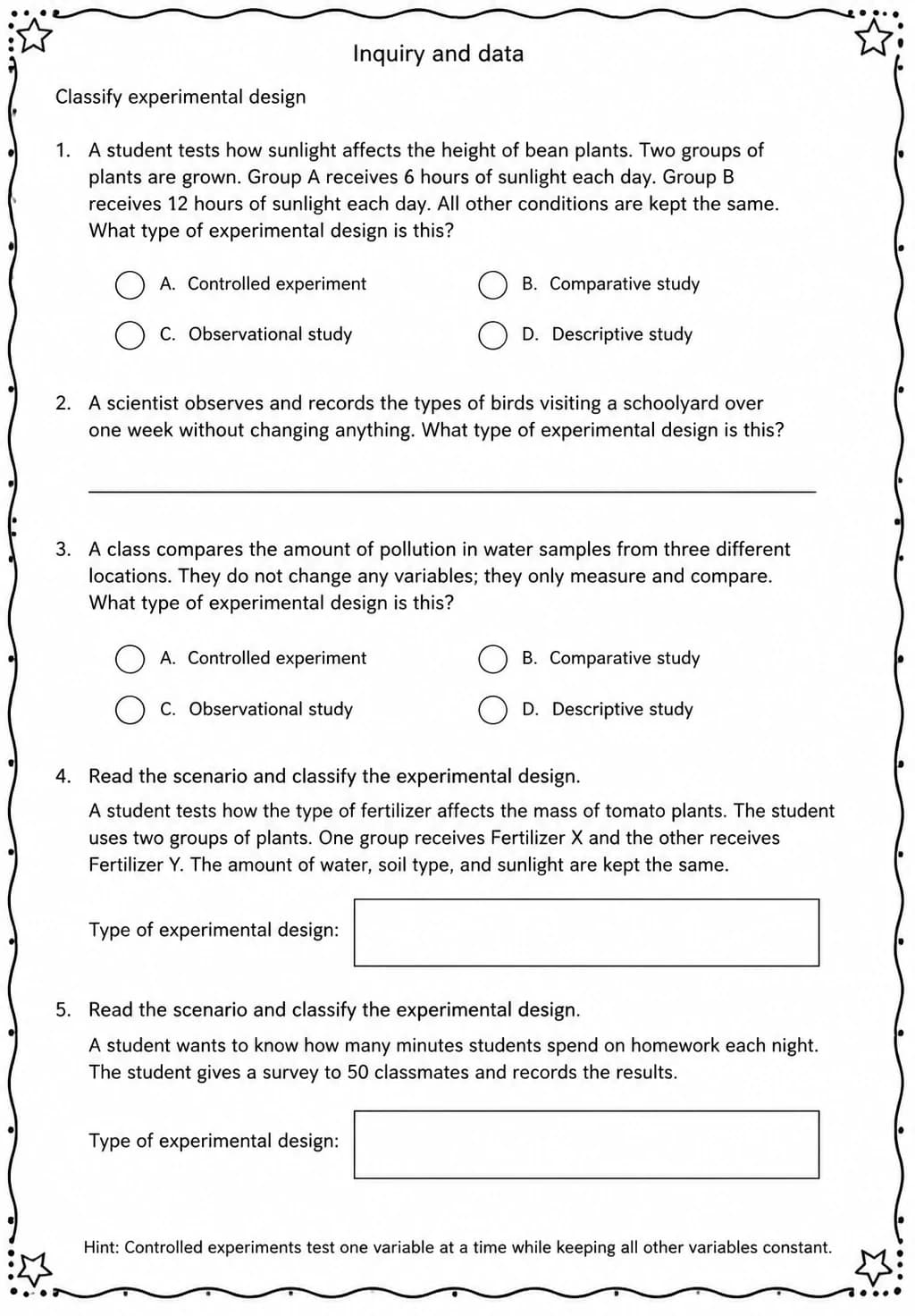 Classify experimental design — free printable Middle School Science worksheet