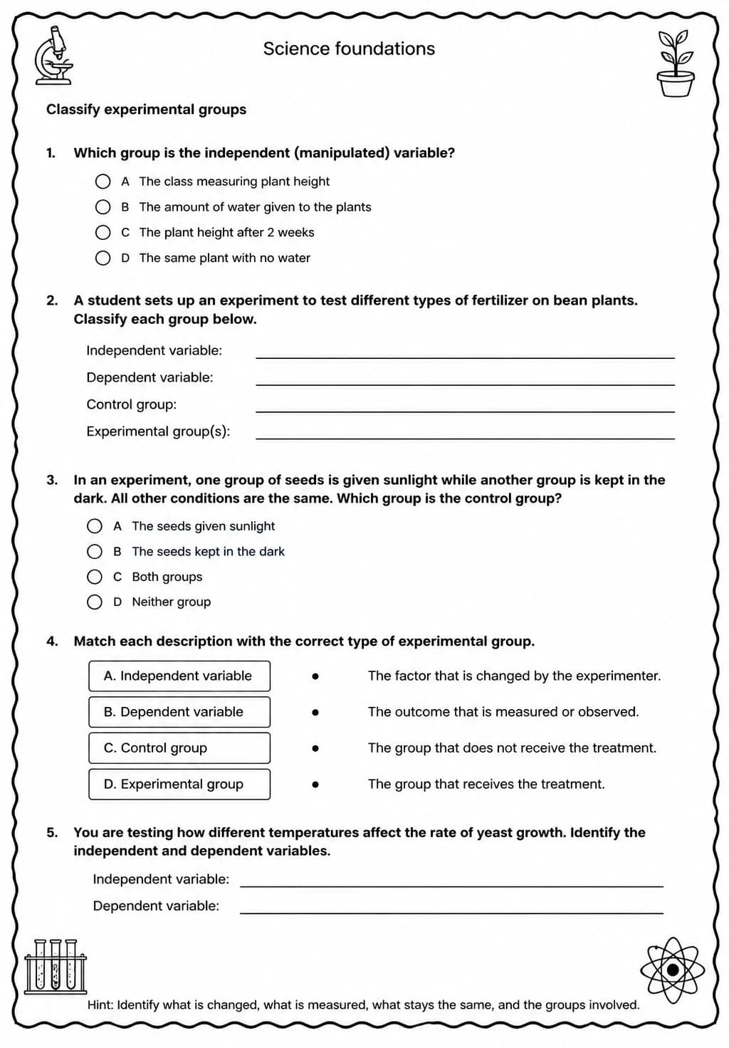 Classify experimental groups — free printable High School Science worksheet