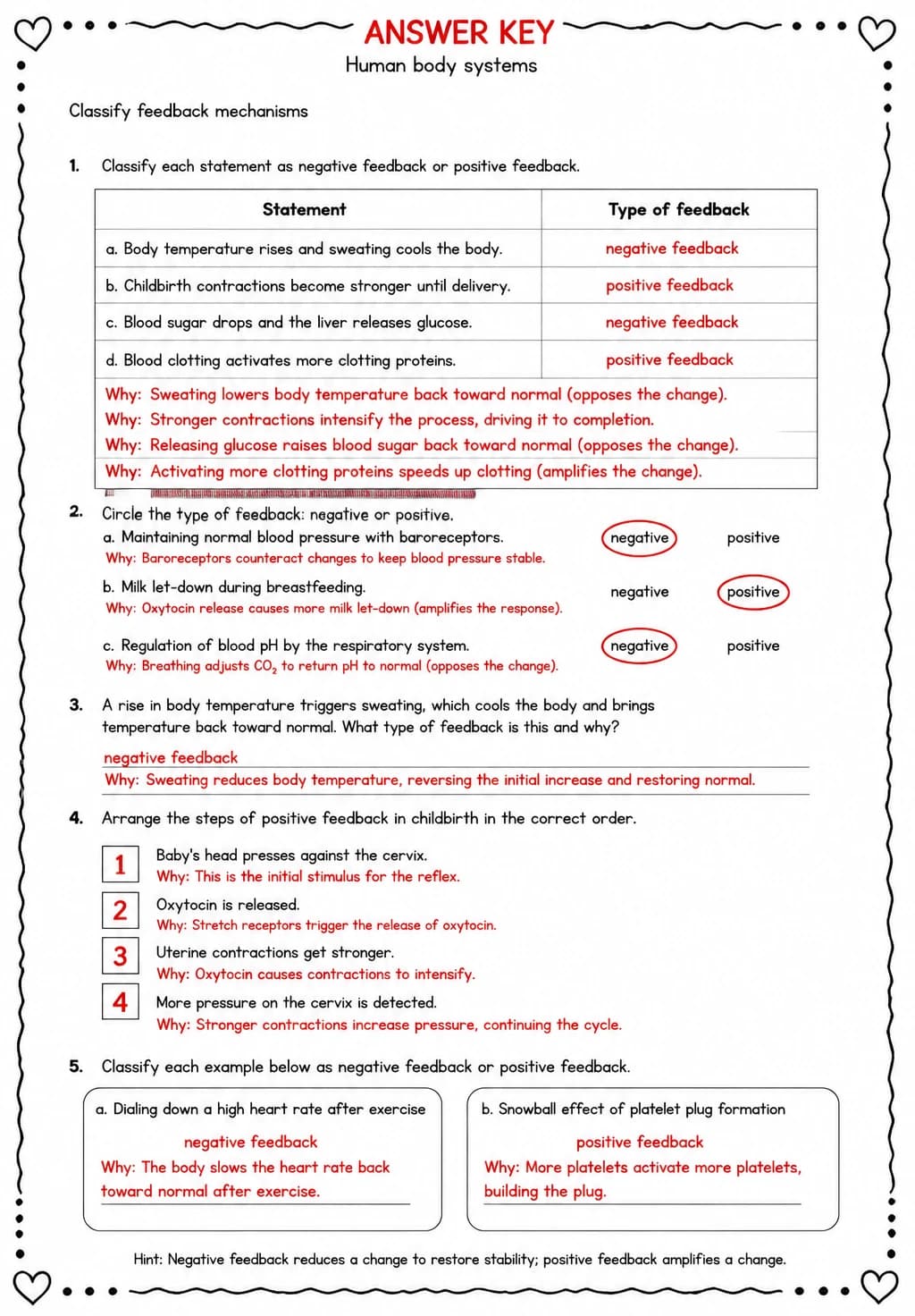 Answer key for Classify feedback mechanisms — free printable Science worksheet