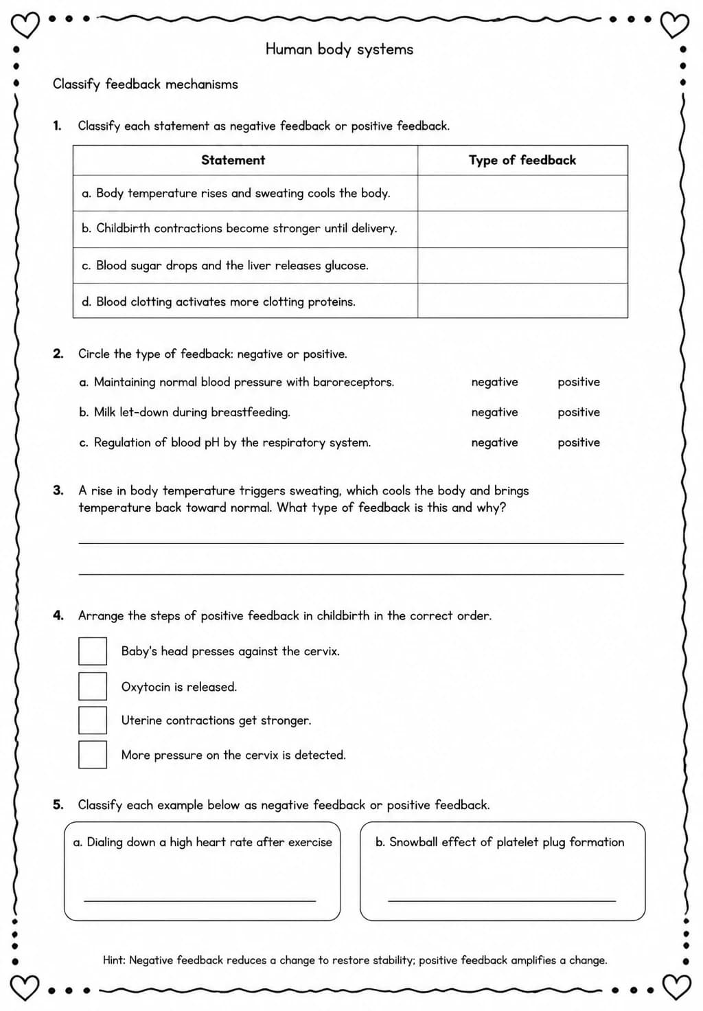 Classify feedback mechanisms — free printable Middle School Science worksheet