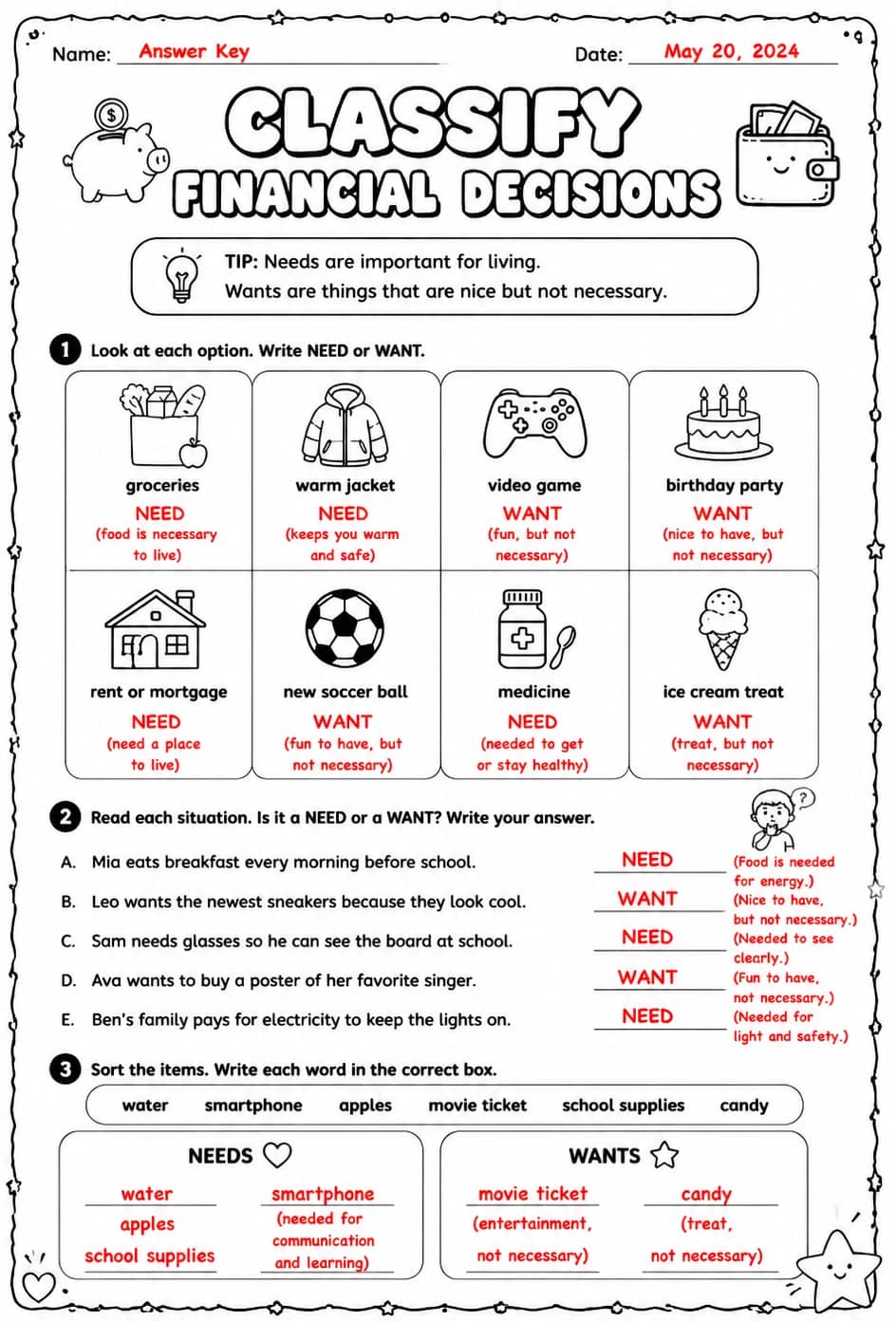 Answer key for Classify financial decisions — free printable Math worksheet