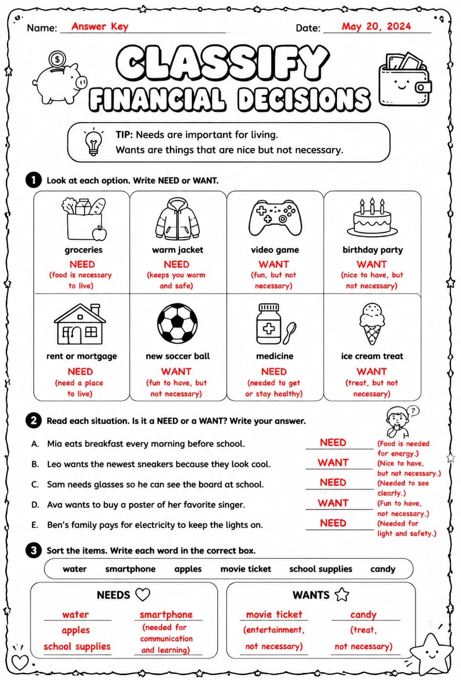 Answer key for Classify financial decisions — free printable Math worksheet