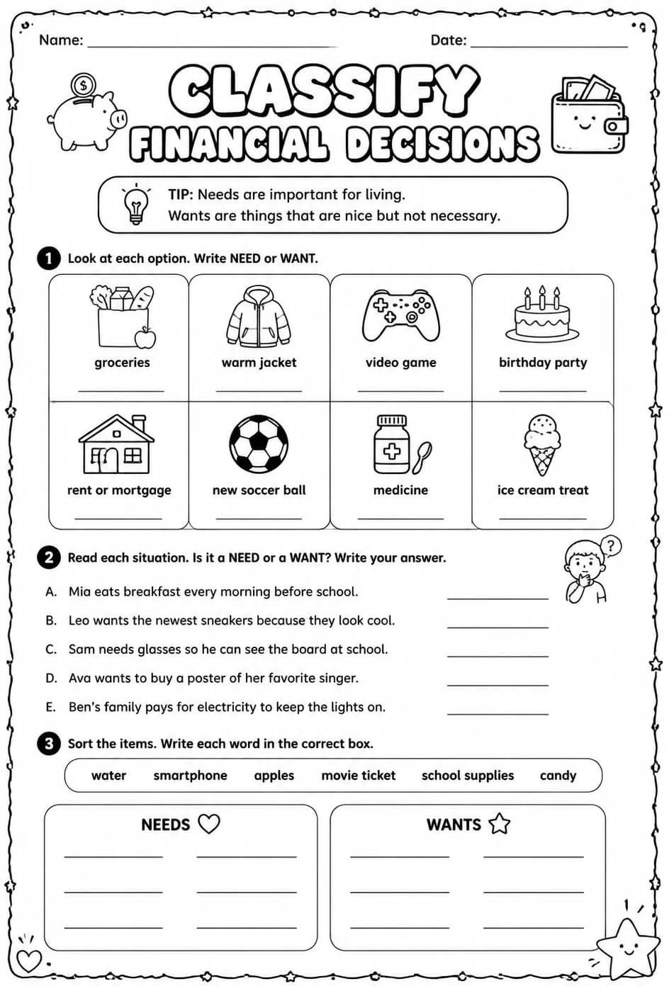 Classify financial decisions — free printable Grade 3 math worksheet