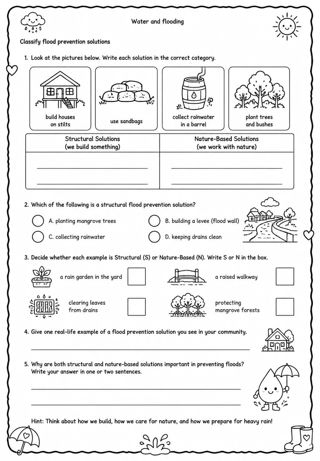 Classify flood prevention solutions — free printable Grade 4 Science worksheet