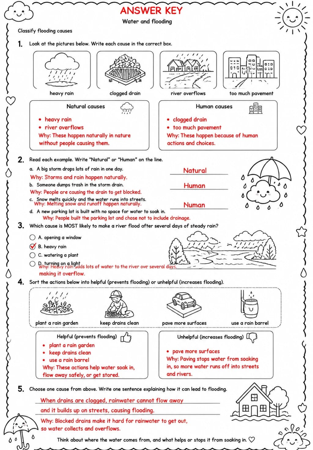 Answer key for Classify flooding causes — free printable Science worksheet