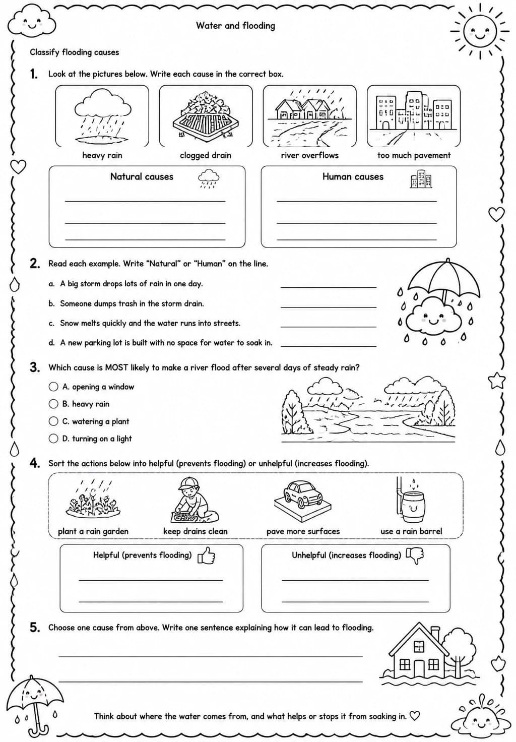 Classify flooding causes — free printable Grade 4 Science worksheet