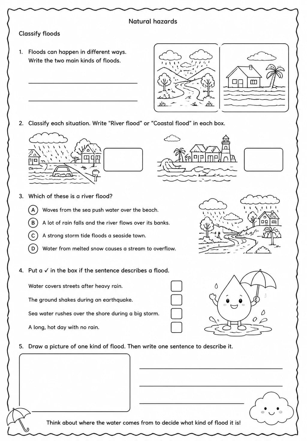 Classify floods — free printable Grade 3 Science worksheet