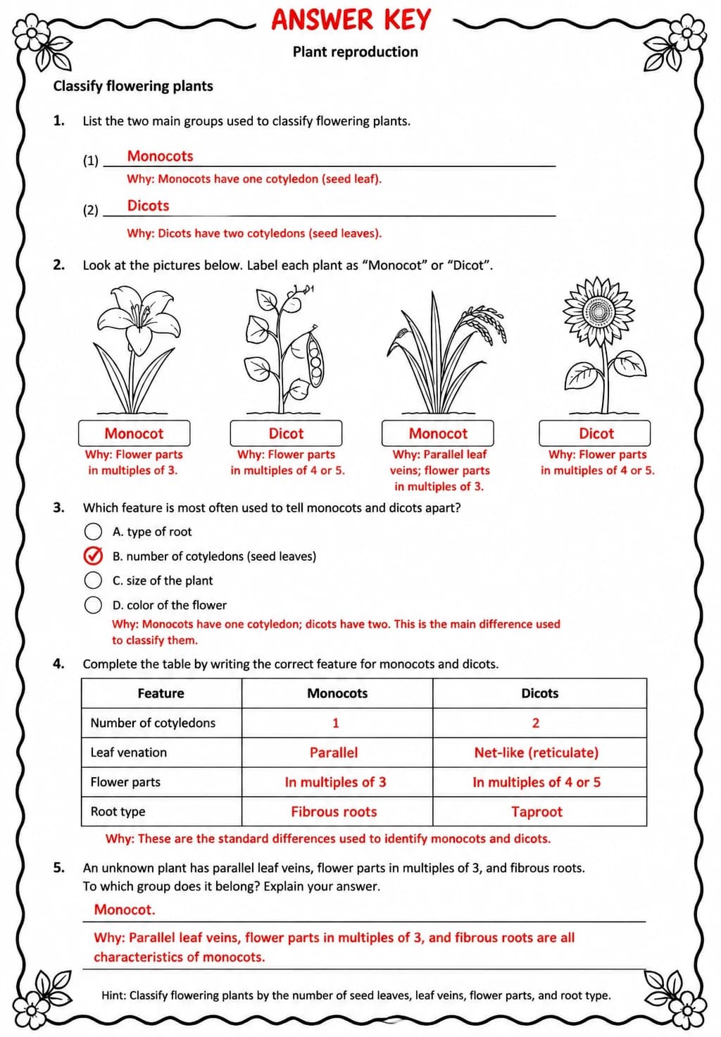 Answer key for Classify flowering plants — free printable Science worksheet