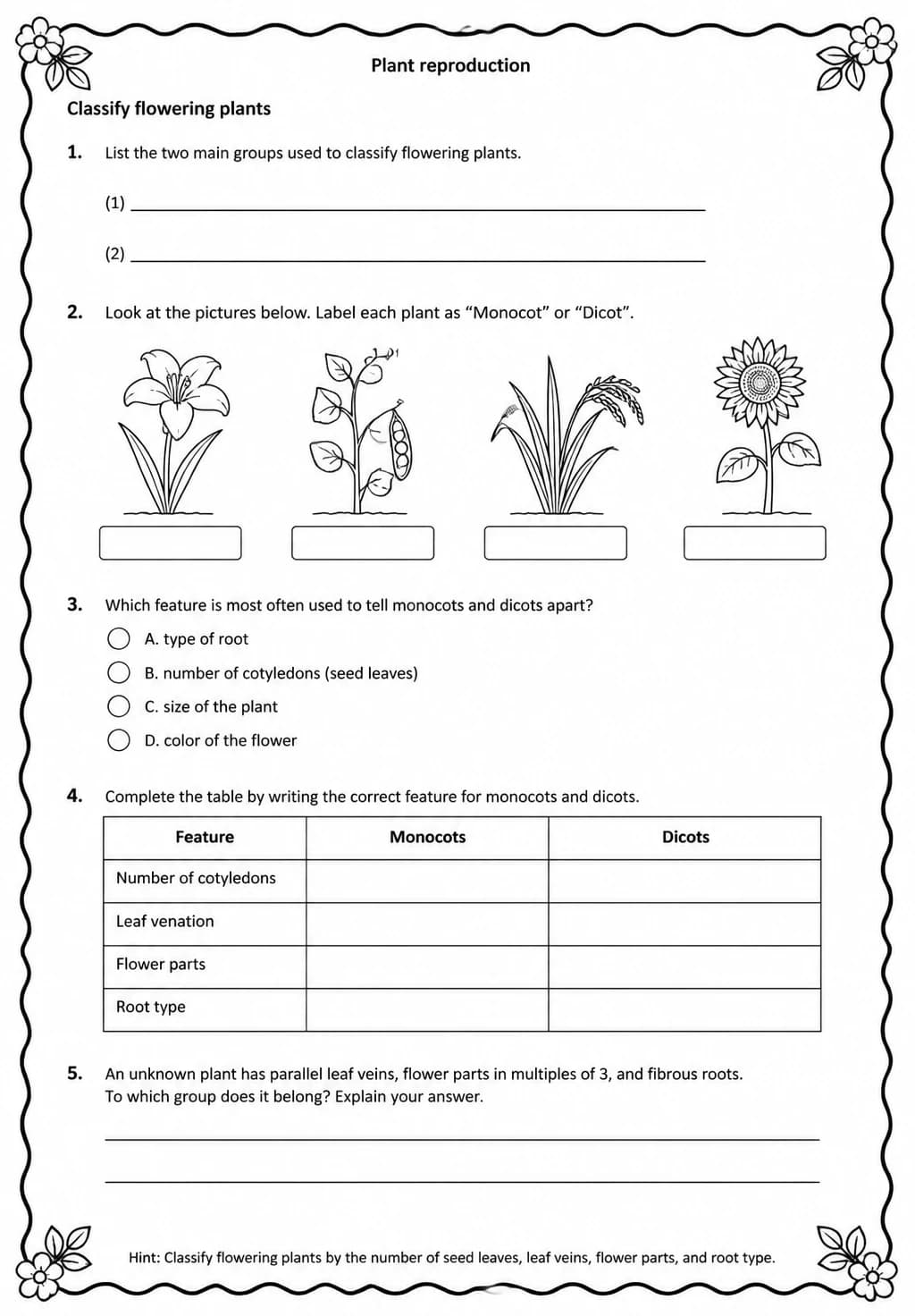 Classify flowering plants — free printable Middle School Science worksheet