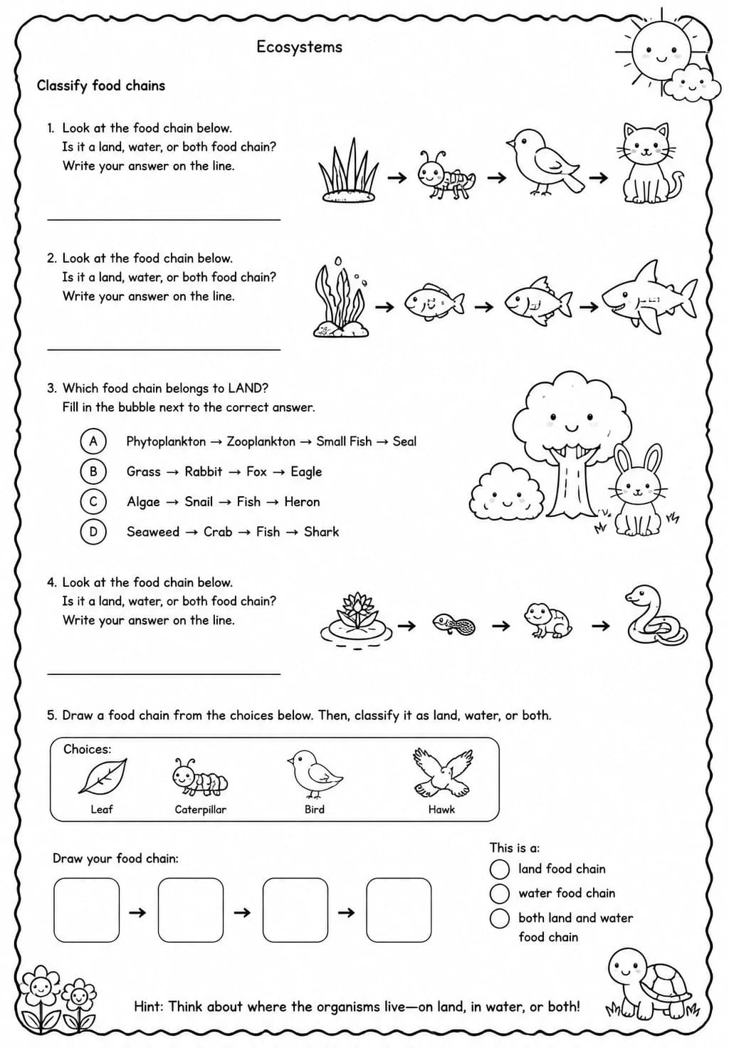 Classify food chains — free printable Grade 3 Science worksheet