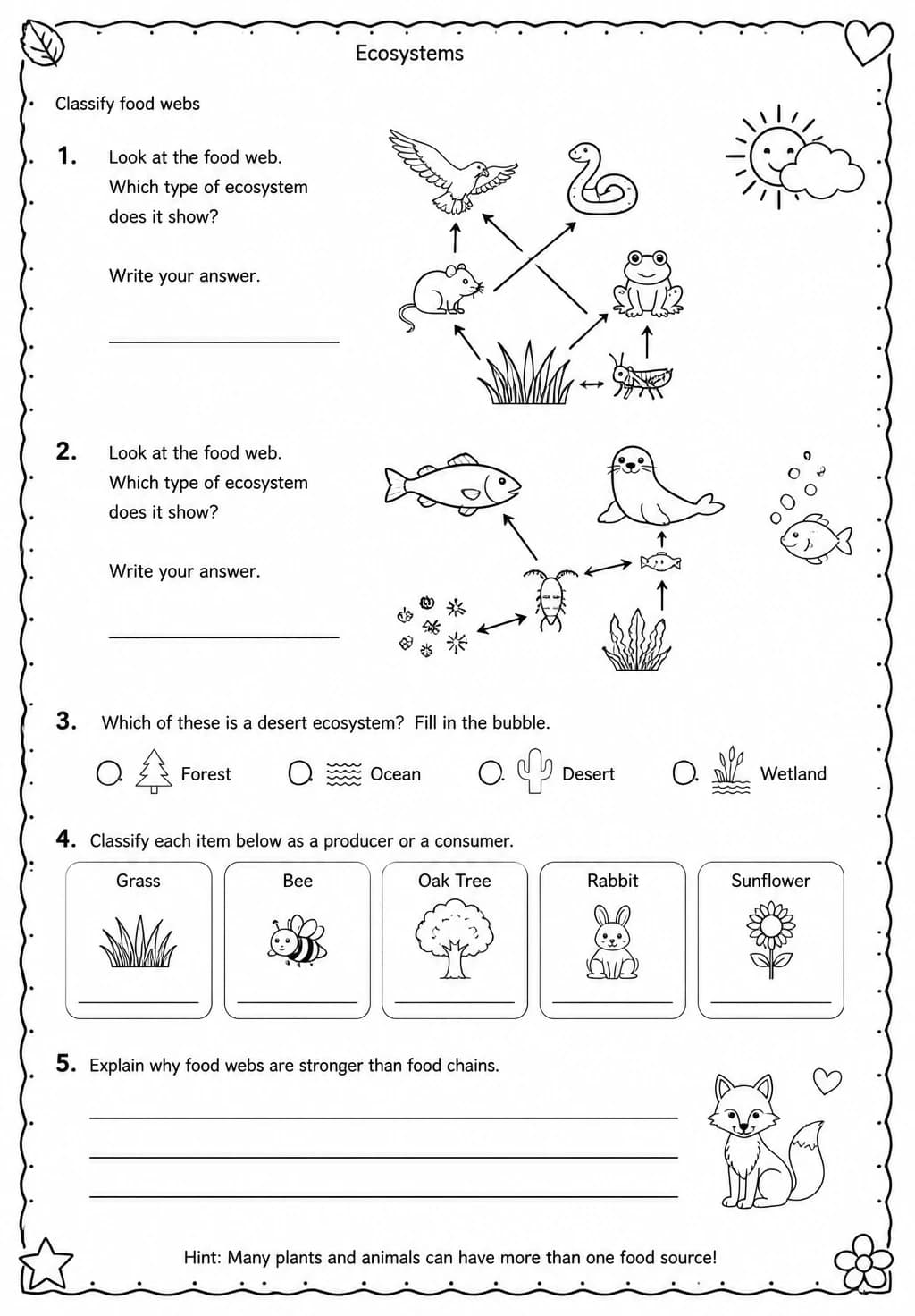 Classify food webs — free printable Grade 4 Science worksheet